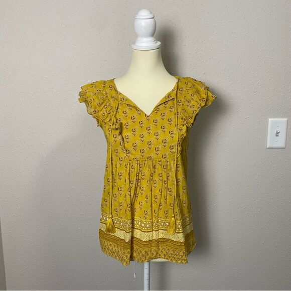 Rose + Olive Yellow Boho Short Flutter Sleeve Top W/ Tassels Women's Size Small - Picture 9 of 14